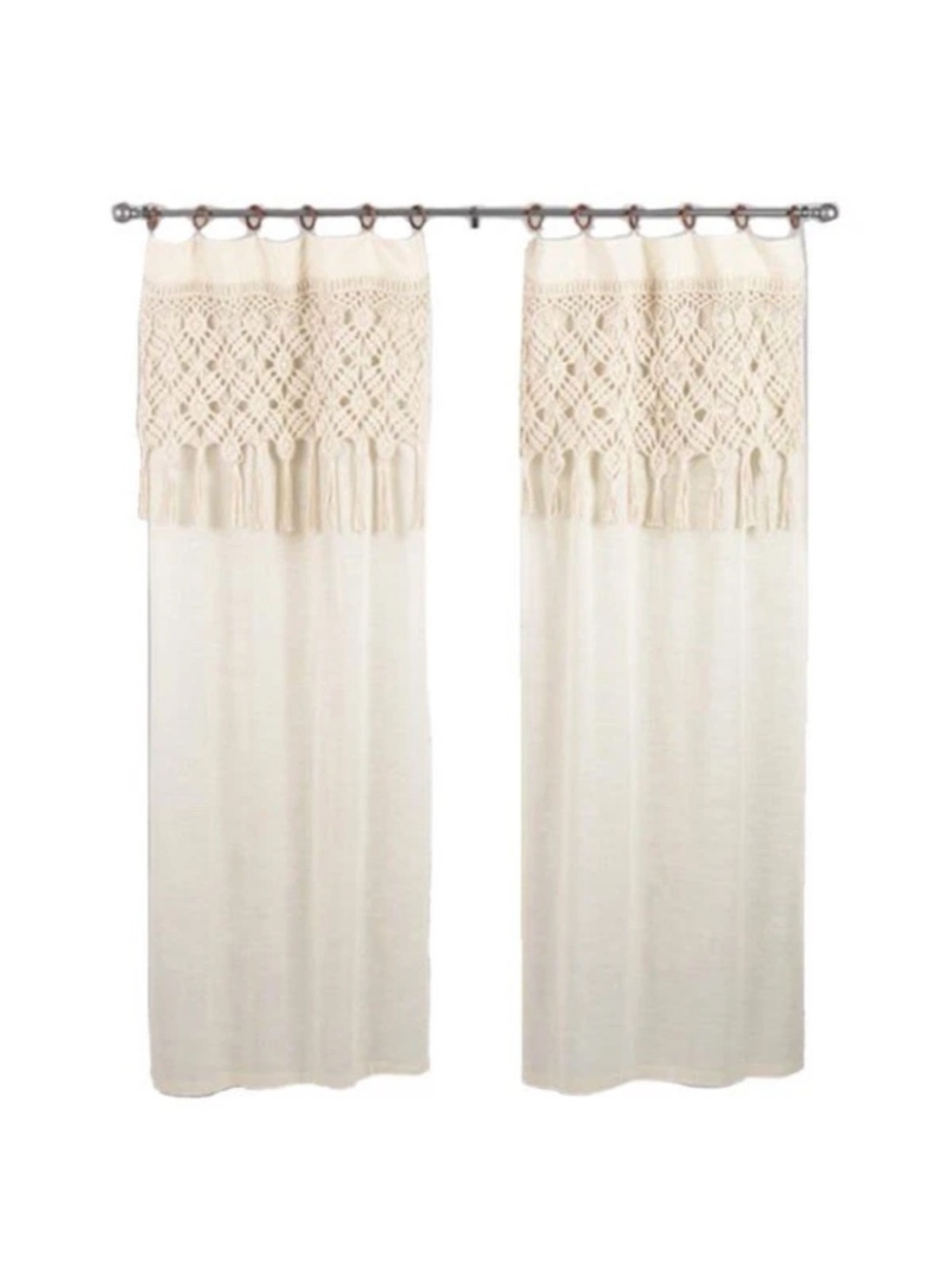 World Market Macrame Curtains 3 Panels Cotton Boho Fringe Wood Rings 36x84